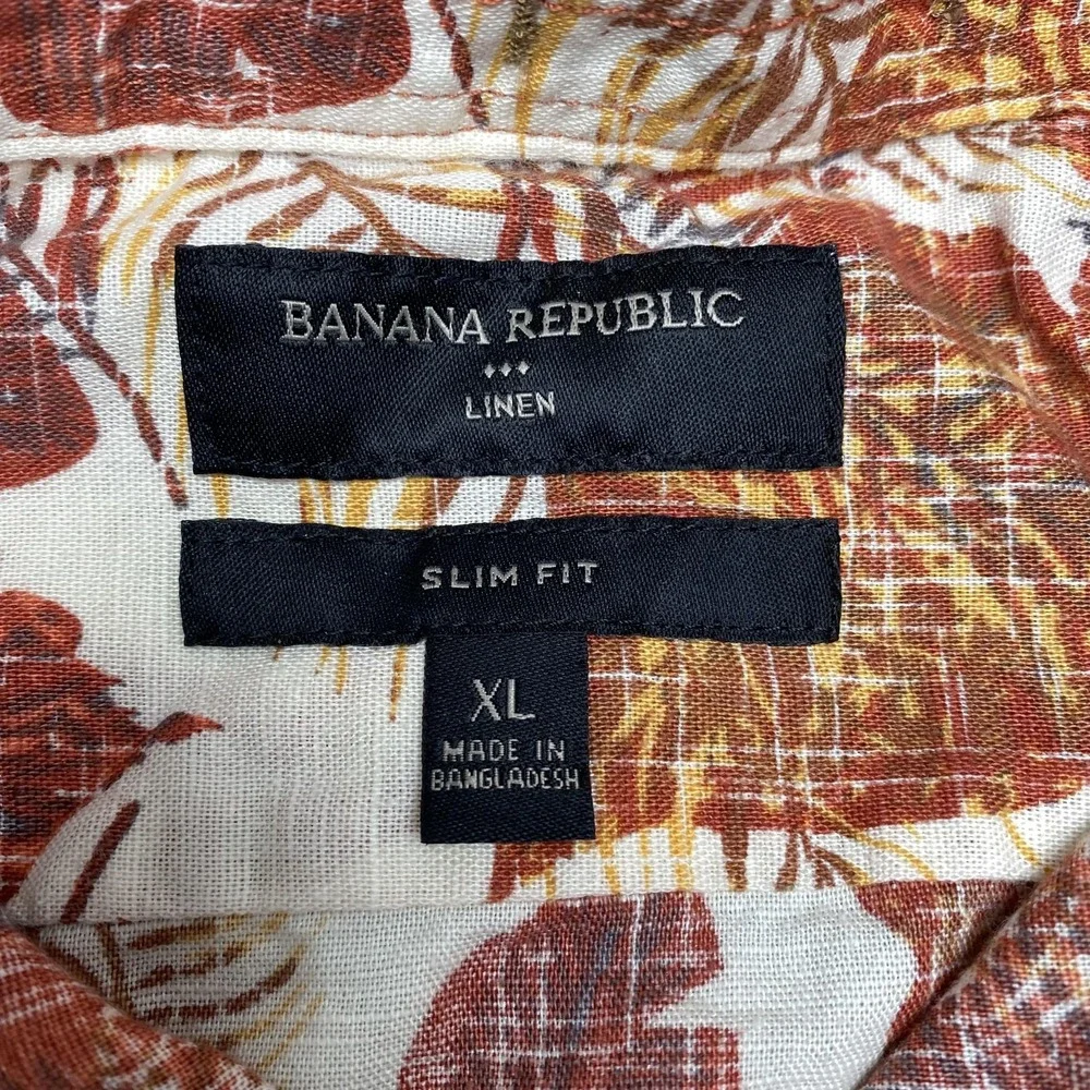 Banana Republic Shirt Mens XL Multicolor Leaf Linen Hawaiian Aloha Button Up